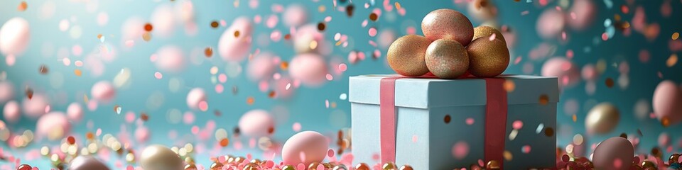 Easter eggs of gold and pink color flying out of a gift box on a blue background - obrazy, fototapety, plakaty