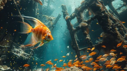 A vividly colored fish stands out amidst a school of smaller fish near the eerie remains of a sunken ship surrounded by coral. - obrazy, fototapety, plakaty