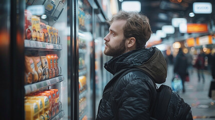 man in vending machine. Image in the street with copy space and colorful