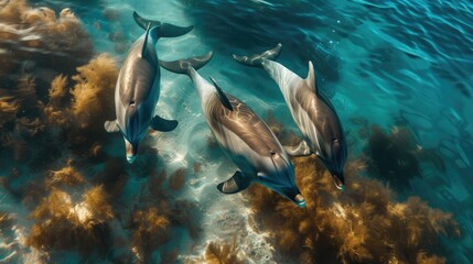 A playful pod of dolphins swims in crystal-clear shallow waters above a sunlit seabed teeming with marine flora.