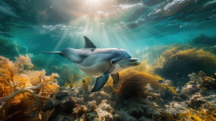 Teeming with marine flora, a sunlit seabed provides the backdrop as a playful pod of dolphins swims in crystal-clear shallow waters, creating a mesmerizing sight. - obrazy, fototapety, plakaty