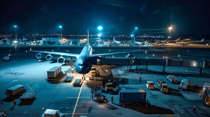 An aerial view of a bustling airport at night, showcasing an airplane at the gate, cargo being...