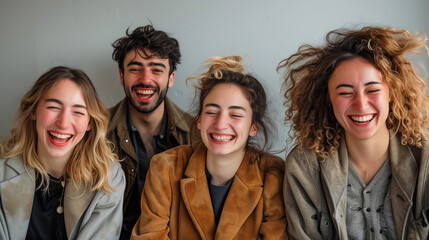 Happy group of friends laughing and smiling together, standing in front of a grey wall