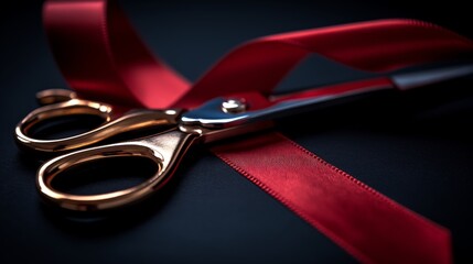 golden scissors cut a red ribbon on a black background