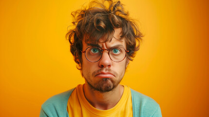 A funny young man with curly hair and glasses looking at the camera, frowning in anger on a yellow background - obrazy, fototapety, plakaty