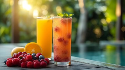 glasses of juice and fresh fruits near swimming pool