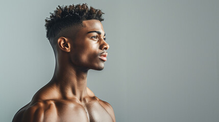 Handsome African man with good figure looking away, advertisement, copy space, concept for health...