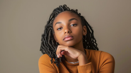 Portrait of an African American teenage girl with black braids, wearing a mustard colored sweater