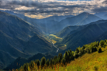 Fototapeta premium A picturesque gorge in the Dzhungar Alatau mountains in the southeast of Kazakhstan in the Zhetysu region on a summer morning