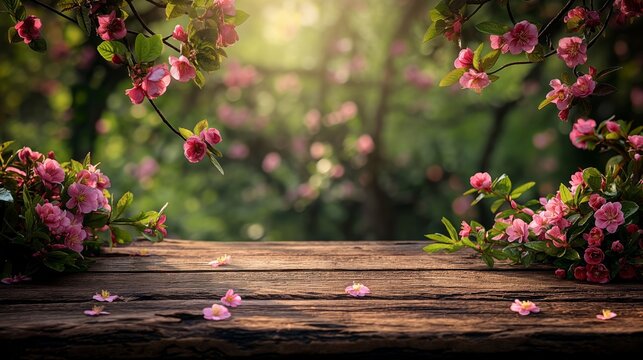 Wooden table with spring leaves and flowers on bokeh background