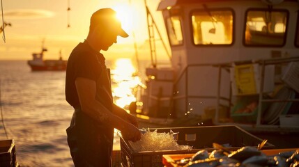 Fototapeta premium A fisherman sorts the day's catch on a boat deck, with the golden sunset shimmering over the ocean.