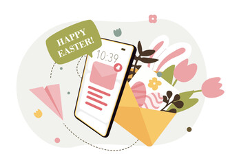 Paper envelope filled with spring flowers, tulips, leaves behind of phone screen with happy easter message. Floral invitation with eggs and bunny ears. Easter vector illustration template.