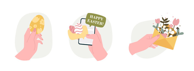 Easter message vector illustration concept. Happy easter message. Female hands with egg, flowers, tulips, branches and phone.