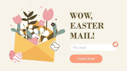 Easter newsletter and signup banner. Vector illustration template. Paper envelope filled with spring flowers, tulips, leaves and branches in calm pastel tones. Floral invitation with easter eggs