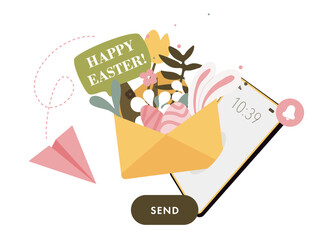 Paper envelope filled with spring flowers, tulips, leaves flying out of phone screen. Floral invitation with easter eggs and bunny ears Easter vector illustration template.