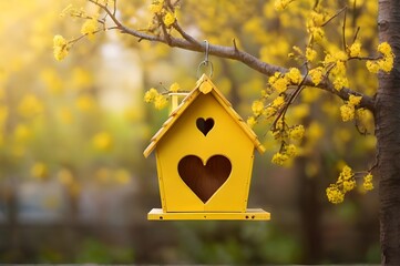 Close up of yellow coloured wooden bird house with heart shaped entrance hanging on tree branch in blurred spring outdoor background. Wooden home handmade symbol of love, wildlife accommodation 