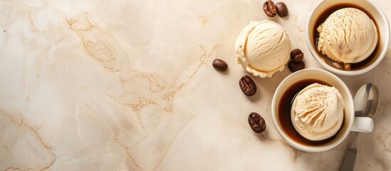 Two cups are filled with scoops of ice cream accompanied by a sprinkling of coffee beans. The contrast of creamy vanilla and rich espresso makes for a delightful combination.