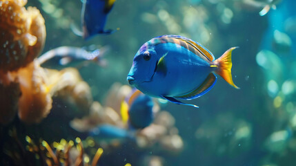 Fototapeta na wymiar Tropical blue fish Acanthurus Leucosternon surgeo