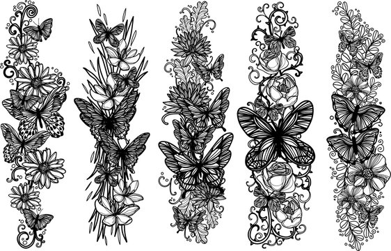 Tattoo art set butterfly and flower sketch black and white