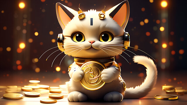 cat with a Gold coin，singer cat，janice，money，cat, animal, kitten, cartoon, illustration, pet, cute, funny, feline, drawing, pets, fun, kitty, design, love, mammal, animals, fur，Gold coin，money