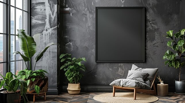A bright, modern living room with bold dark tones sets the stage for contemporary elegance. A sleek black picture frame stands out on the wall. It adds a touch of luxury to the space.