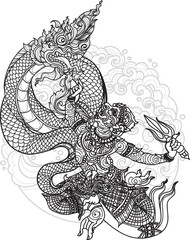 Tattoo art thai monkey and thai dragon pattern literature hand drawing and sketch black and white