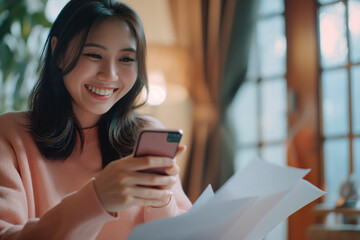 Smiling Young Woman with Smartphone and Document