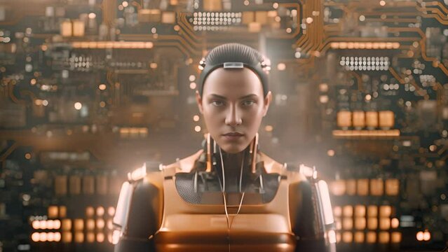 Female Cyborg Robot Suit Standing in Front of Circuit Board Generative AI