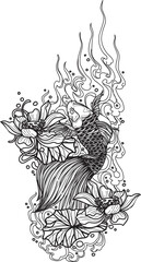 Tattoo art koi fish hand drawing and sketch black and white
