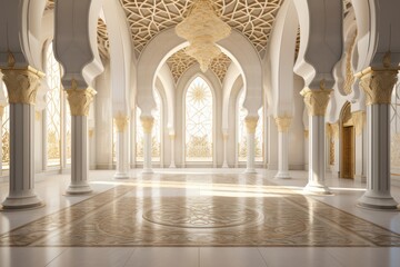 Fototapeta na wymiar 3d rendering of a white gold mosque hall with light coming in through the windows