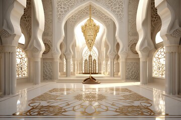 3D illustration of a beautiful mosque interior with sunlight. Ramadan Kareem background
