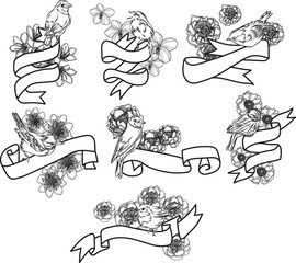 flowers ribbon set hand sketch drawing  black and white
