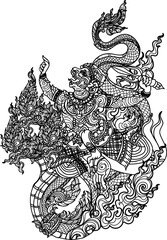 Tattoo art thai monkey and thai dragon pattern literature hand drawing and sketch black and white