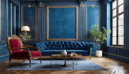 a digital illustration mockup showcasing a classic loft interior featuring a rich blue wall panel and detailed moldings. Infuse the composition with a sense of timeless elegance and architectural beau - obrazy, fototapety, plakaty