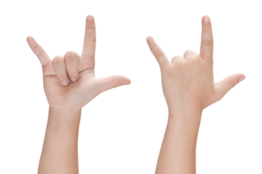 Child hand in I love you (Love hand sign language) Isolated on transparent background. PNG File