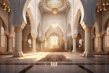 Obraz premium 3D illustration of a beautiful mosque interior with sunlight. Ramadan Kareem background