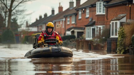 A focused rescue worker pilots a hovercraft on a waterlogged residential street after a flood, showcasing determination and emergency response. - obrazy, fototapety, plakaty