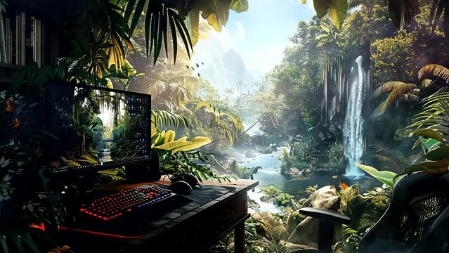 a gaming computer in the middle of a beautiful tropical forest. Seamless looping time-lapse virtual 4k video animation background