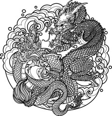 Tattoo art dragon china and thai snake drawing and sketch black and white