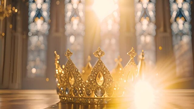 Golden Crown on Wooden Table Generative AI