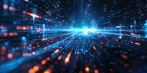 Hyper speed Travel through Data Tunnel.
A high-speed journey through a digital tunnel with bright blue data streams.