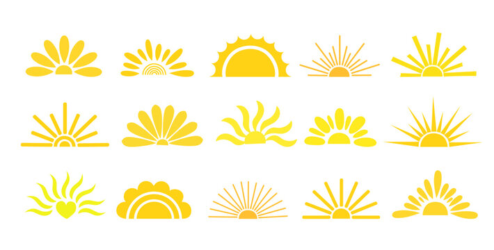 Simple yellow half sun hand drawn vector flat illustration with half-circle shape in middle, cute summer sunset, dawn image for logo, cards, decor, vacation concept, holiday, summertime kids design