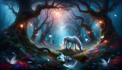 Fototapeta na wymiar Mystical enchanted forest scene with a magical white unicorn at twilight