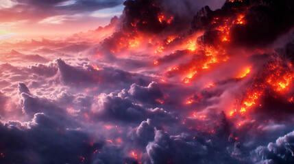 Fototapeta na wymiar Epic lava flow amidst cloudscape at sunset