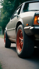 a pair of car tires from the side in smoke on a black background