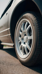 a pair of car tires from the side in smoke on a black background