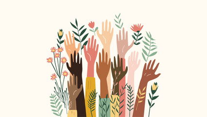 Colorful vector illustration. Hhands of people of different nationalities raised up