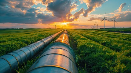 Fuel supply pipeline in green field with setting sun and cloudy sky - obrazy, fototapety, plakaty