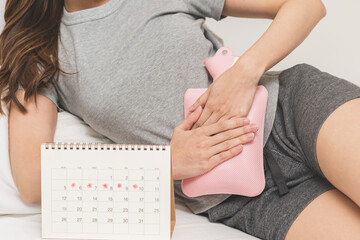 Menstruation, period cycle of monthly, hurt young woman, girl hand in stomach ache, suffer painful...