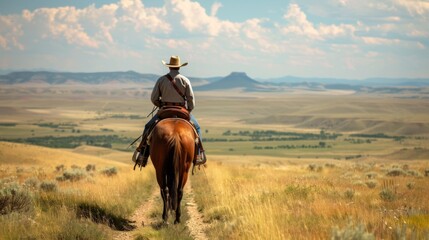 A solitary cowboy rides a horse across a tranquil, expansive prairie with rolling hills under a wide, cloud-filled sky.